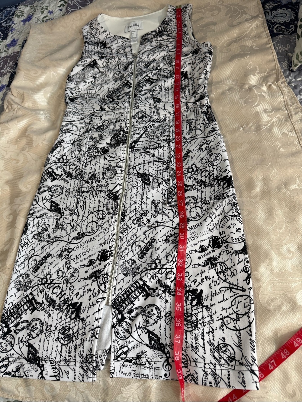Joseph Ribkoff Cityscape Print Paris Newspaper Zip Front Sheath Dress Sz 10 - Picture 8 of 11